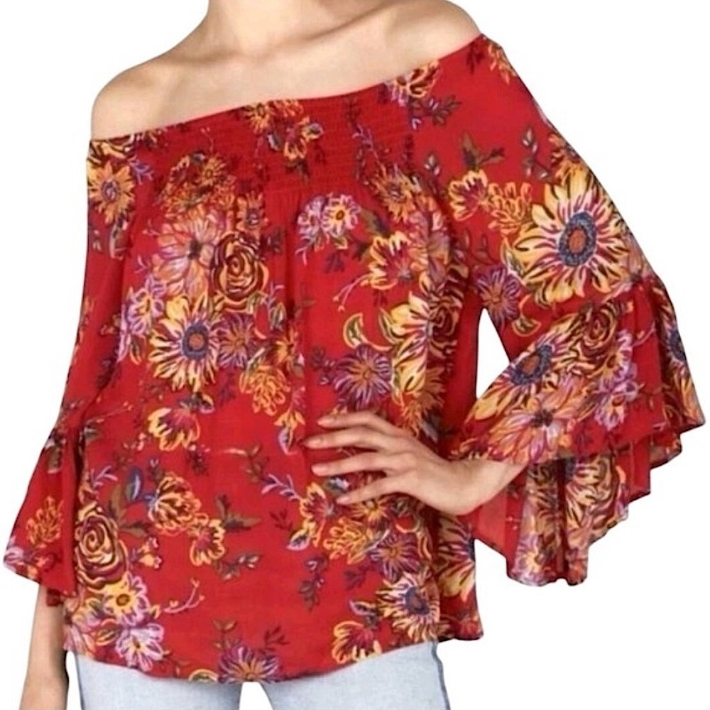 beachlunchlounge | Women’s Red/Yellow Floral 3/4 ruffle sleeve peasant top, sz M